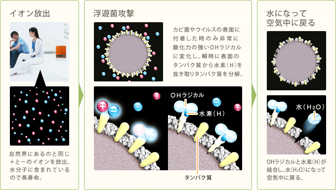 イオン放出と浮遊菌攻撃～水になって空気中に戻る