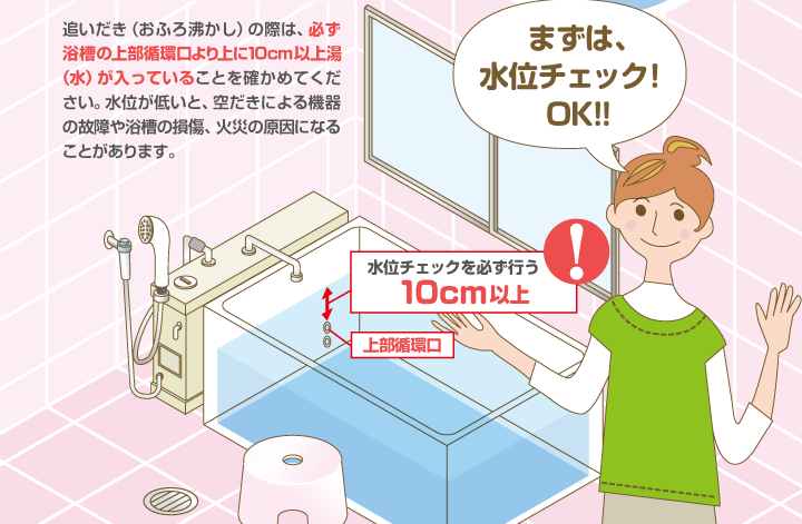 追いだき（おふろ沸かし）の際は、必ず浴槽の上部循環口より上に10cm以上湯（水）が入っていることを確かめてください。水位が低いと、空だきによる機器の故障や浴槽の損傷、火災の原因になることがあります。