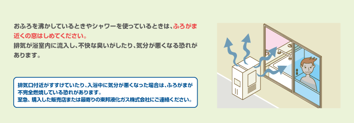 おふろを沸かしているときやシャワーを使っているときは、ふろがま近くの窓はしめてください。排気が浴室内に流入し、不快な臭いがしたり、気分が悪くなる恐れがあります。