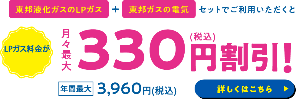 東邦液化ガスのLPガス＋東邦ガスの電気セットでご利用いただくとずーっと月々330円（税込）割引 【年間】3,960円（税込）詳しくはこちら