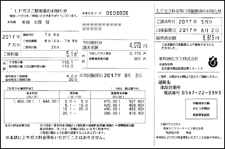 東邦液化ガス、ワセ田ガスの検針票（LPガスご使用量のお知らせ）